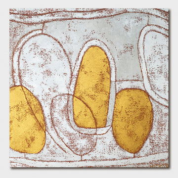 A square card with an illustration of ovals in yellow and brown.