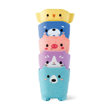 A set of coloured stacking cups each with a different animal face on the front.