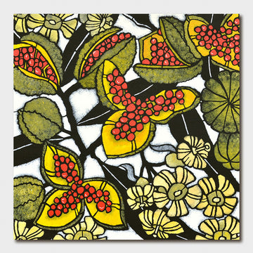 A square card with an illustration of a plant with red berries.