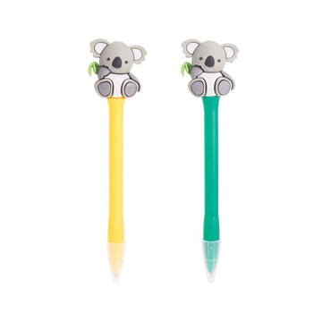 Two pens pictured, one in yellow and one in green both with a koala topper.
