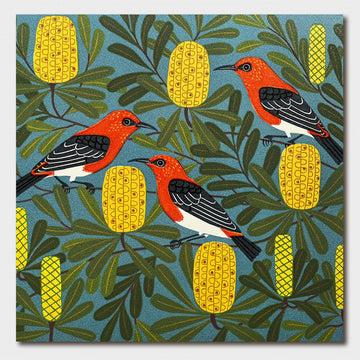 A square greeting card illustrated with orange birds and yellow flowers.