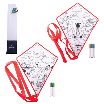 Two kites in black and white ready to be coloured in. One has a picture of a koala and the other is a kangaroo.