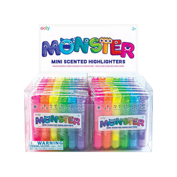 A display of mini coloured highlighters each with a different monster face on them.