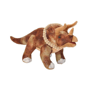 A brown dinosaur soft toy shaped like a triceratops. 