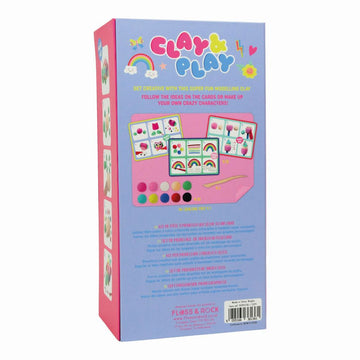A box titled 'Clay & Play' with illustrations of unicorns, fairies, butterflies and rainbows and a cut out showing coloured clay pots inside.
