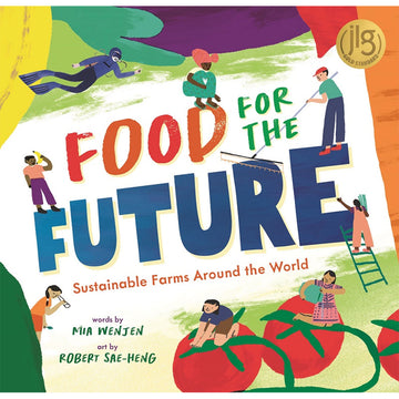 'Food for the Future' book cover featuring illustrations of people performing fruit related farming activities such as picking fruit, raking, looking and holding fruit.