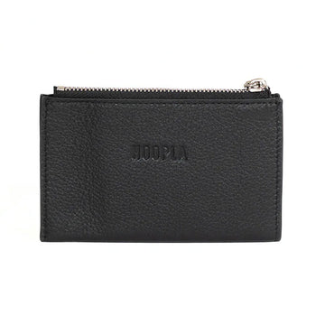 Front view of a black card holder with a zip along the top.