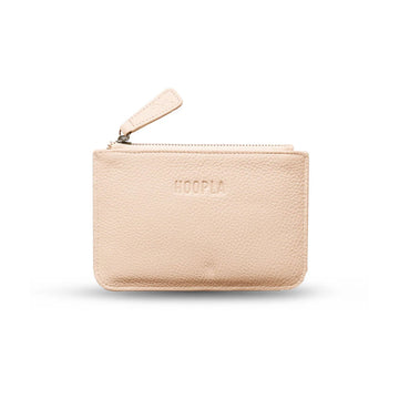 A light pink coin purse with a zip at the top.