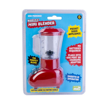 A mini blender inside clear plastic packaging with the heading 'World's Smallest Mini Blender'.