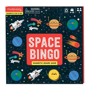 A board game box with the title 'Space Bingo' in the middle surrounded by illustrated planets with faces, shooting stars and spaceships.