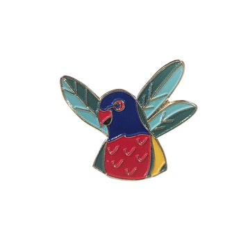 A lorikeet shaped enamel pin on a white background.