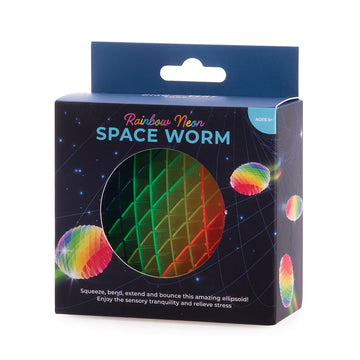 A box titled 'Rainbow Neon Space Worm' with a circle cut out showing the rainbow toy inside.