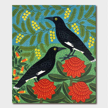 Greeting card with colorful artwork of two black birds on red flowers with green leaves and yellow flowers in the background.