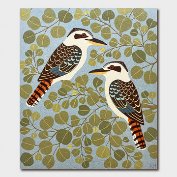 A greeting card illustrated with two kookaburras in a tree.