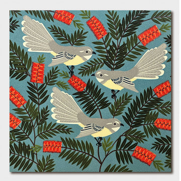 A square greeting card illustrated with birds and red flowers on a blue background.