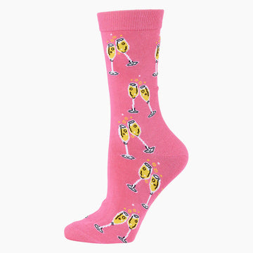 A pink sock printed with illustrations of champagne glasses.