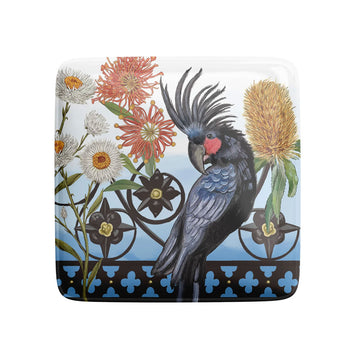 Square magnet with a cockatoo and floral design on a white background.