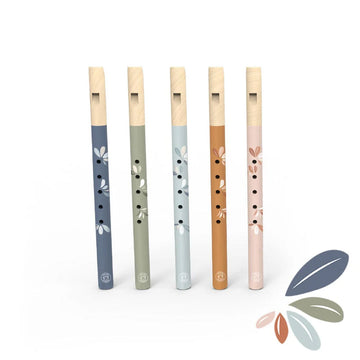 Five wooden flutes pictured each painted with a different colour.