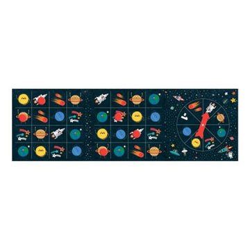 A board game box with the title 'Space Bingo' in the middle surrounded by illustrated planets with faces, shooting stars and spaceships.