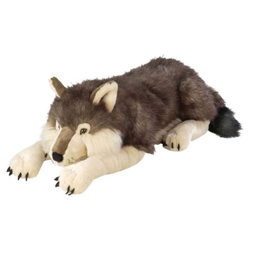 Plush toy wolf lying on a white background.