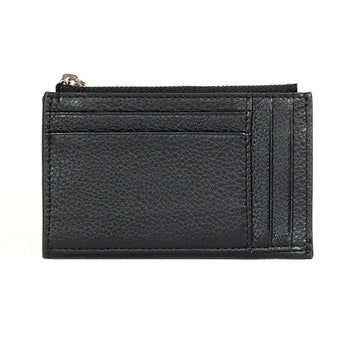Front view of a black card holder with a zip along the top.