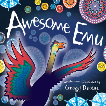 'Awesome Emu' book cover featuring an illustration of a colourful emu on a blue patterned background.