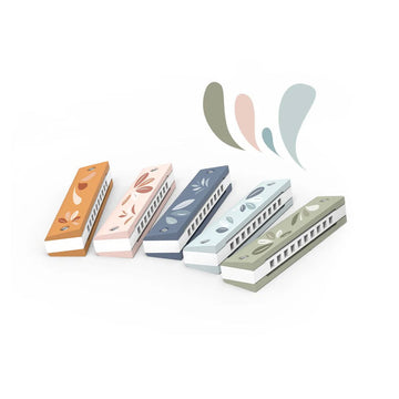 Five wooden harmonicas each painted in a different colour.