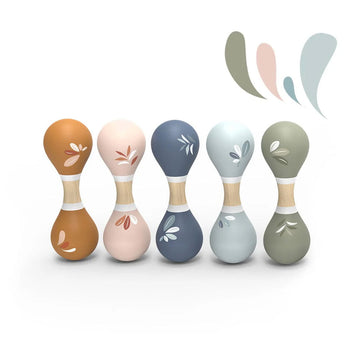 Five wooden maracas pictured, each painted with a different colour.