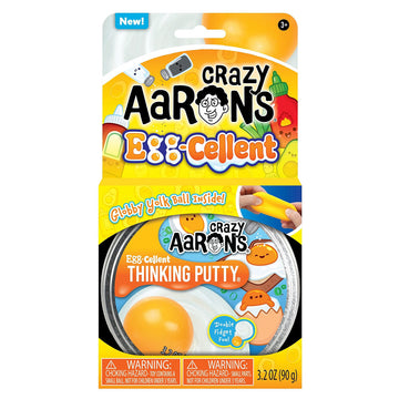Crazy Aaron's Egg-Cellent Thinking Putty packaging with a tin of putty inside.