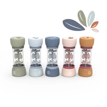 Five raindrop musical toys in different colours.