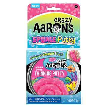 Crazy Aaron's Sponge Putty packaging with a tin of pink putty inside on a white background.