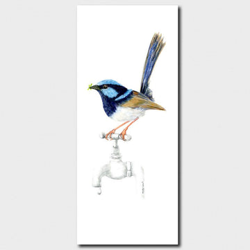 A bookmark illustrated with a fairy wren standing on a tap.