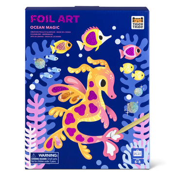 Front cover of a box titled 'Foil Art Ocean Magic' with illustrations of fish and a sea horse.