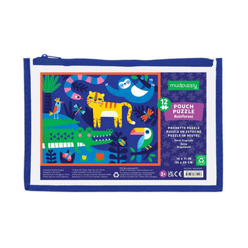 A clear pouch with a blue zipper and product information about a rainforest themed puzzle.