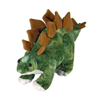 A dinosaur soft toy shaped like a stegosaurus in green and brown.