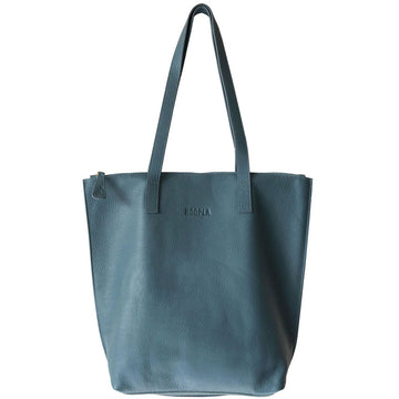 A teal tote with sholder straps and Hoopla embossed in the front.