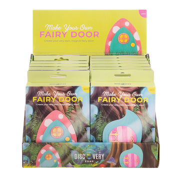 Display of 'Make Your Own Fairy Door' kits with colorful packaging.
