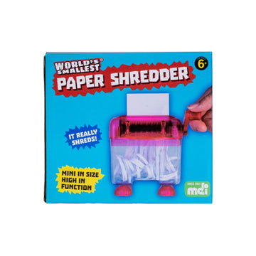 A box with the title 'World's Smallest Paper Shredder' and a photo of a pink paper shredder.