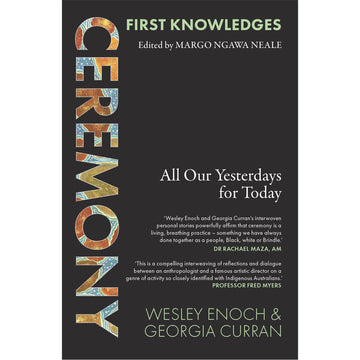 Book cover of 'First Knowledges Ceremony' with colorful text on a black background.