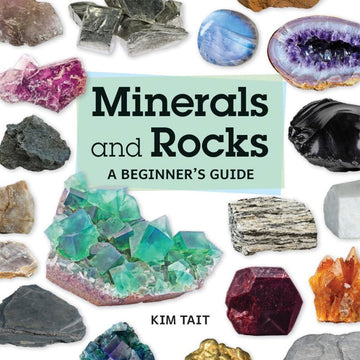 'Minerals and Rocks A Beginner's Guide' book cover featuring photos of lots of different rocks and minerals.