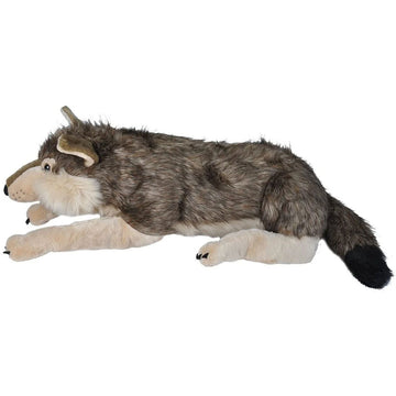Plush toy wolf lying on a white background.