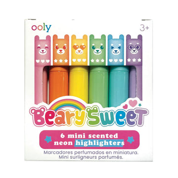 A set of six different coloured highlighters each with a different bear's face on them in a white box with the heading 'Beary Sweet'.