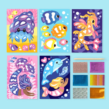 Front cover of a box titled 'Foil Art Ocean Magic' with illustrations of fish and a sea horse.