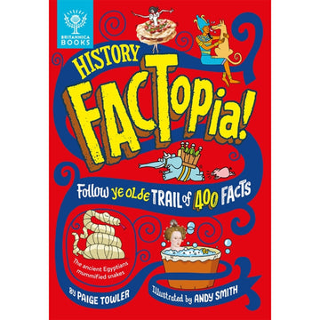 Book cover of 'History Factopia!' with colorful illustrations and text on a red background.