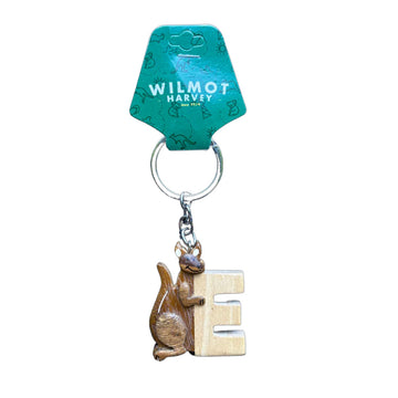 Keychain with a kangaroo charm and letter 'E' on a white background, branded with Wilmot Harvey.