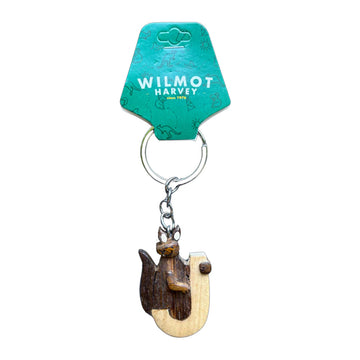 Wooden keychain with a kangaroo design on a teal card labeled 'Wilmot Harvey' against a white background.