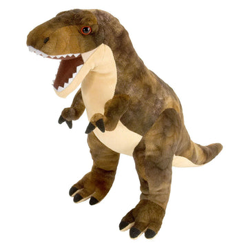 A dinosaur soft toy shaped like a T Rex in brown.