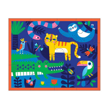 A clear pouch with a blue zipper and product information about a rainforest themed puzzle.