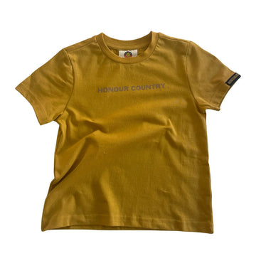Front view of a mustard yellow tshirt printed with the text 'Honour Country'.