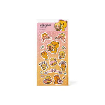 A sticker sheet featuring cartoon illustrations of a bear and bows.